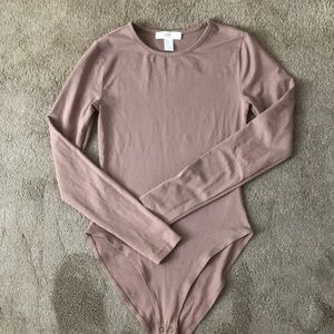 Beige cotton spandex long sleeved bodysuit